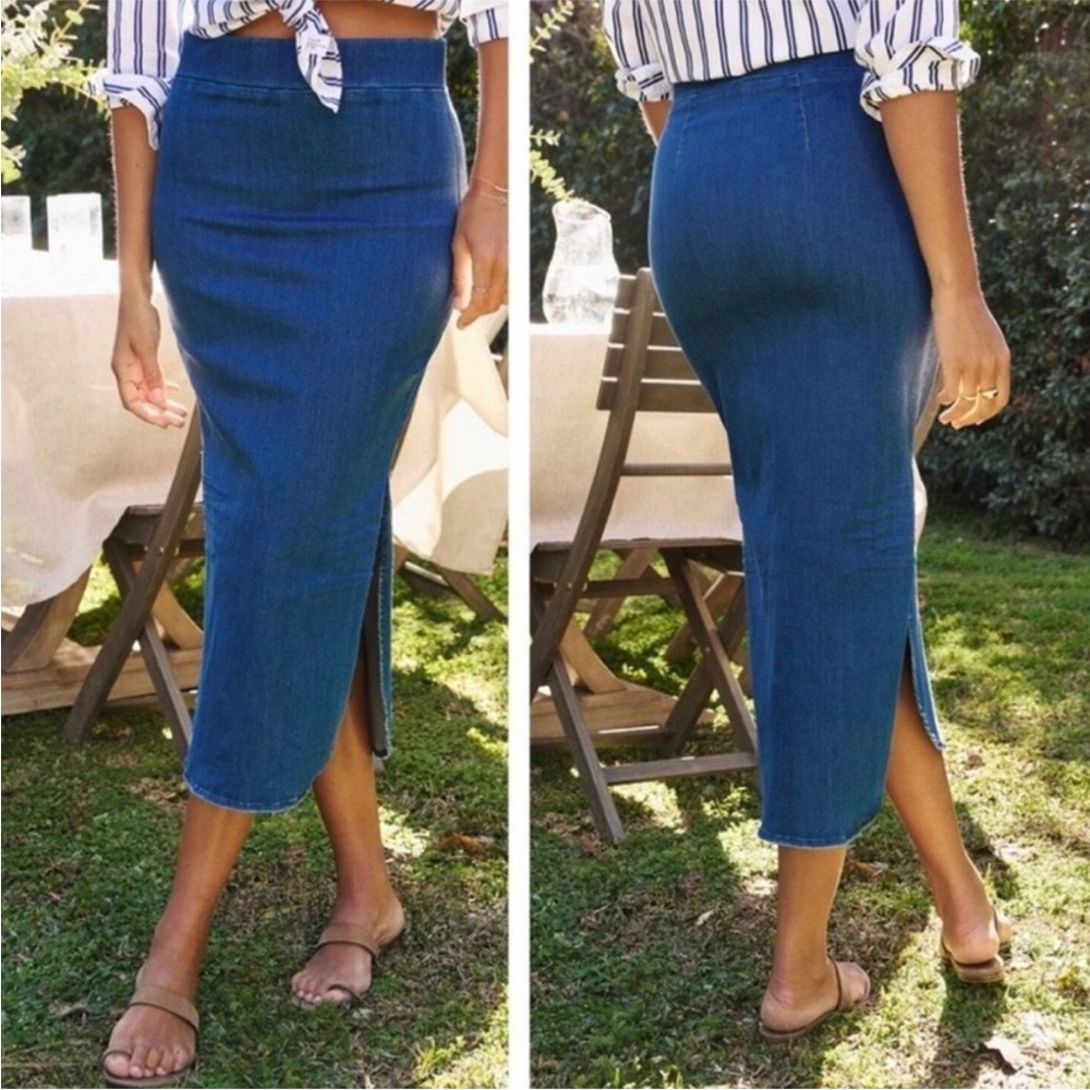 Frank & Eileen Donegal Denim Midi Skirt – Size 2 – Dark Wash Side Slit